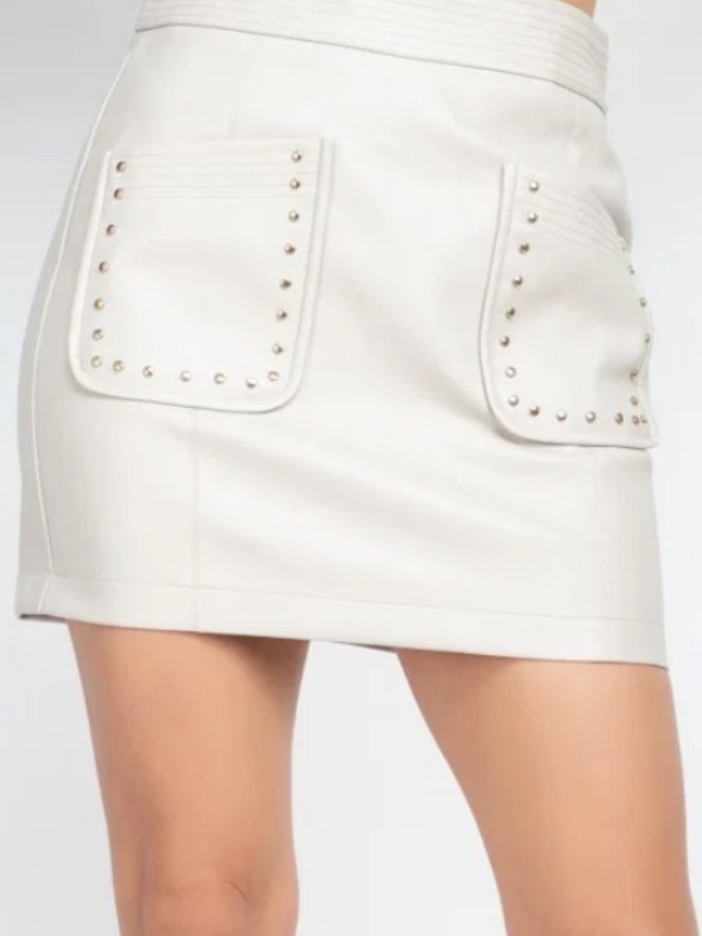 Haute Monde Cream Leather Mini Skirt with Studded Pockets